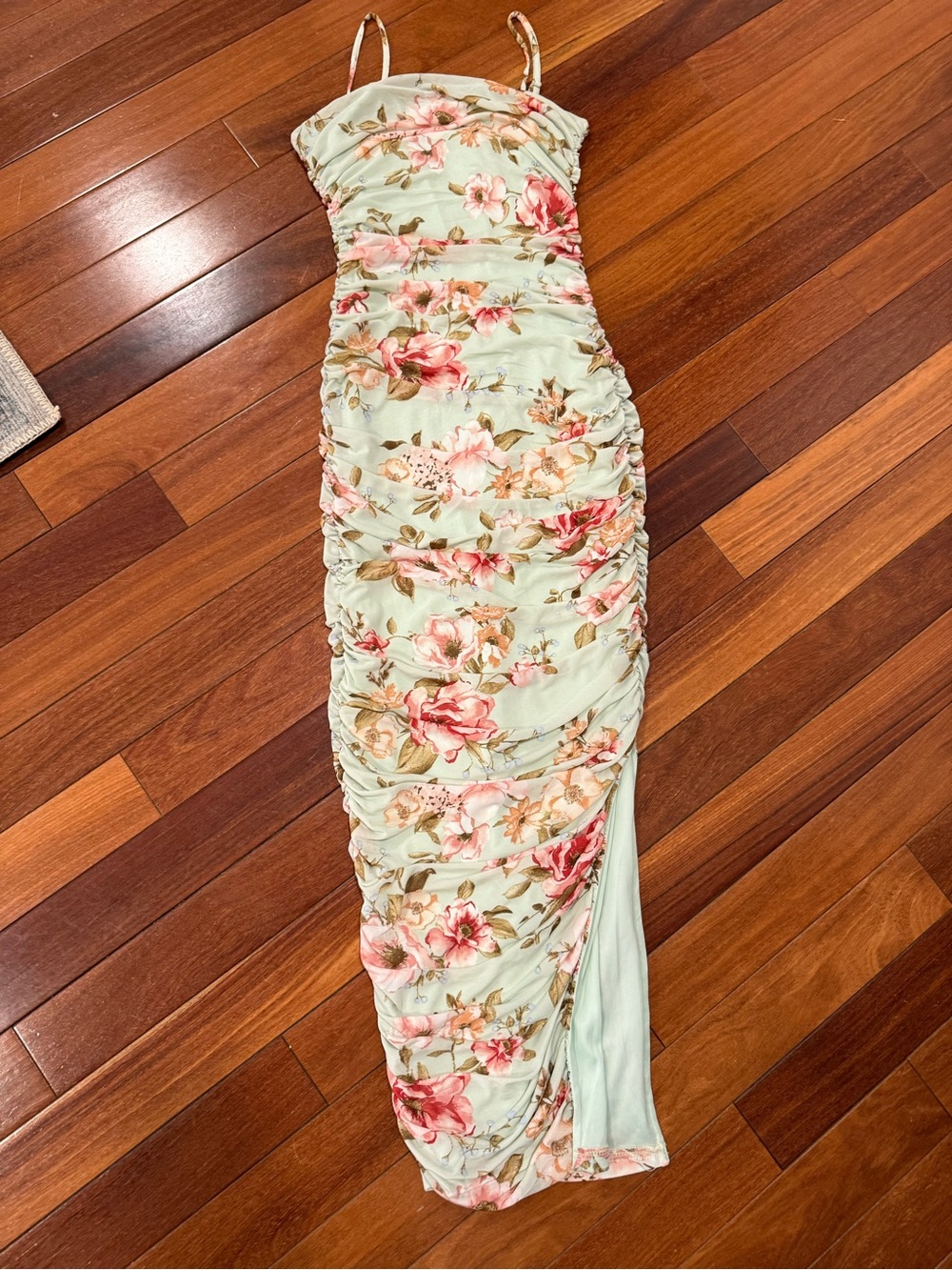 privy Mint Green Floral Ruched Maxi Dress